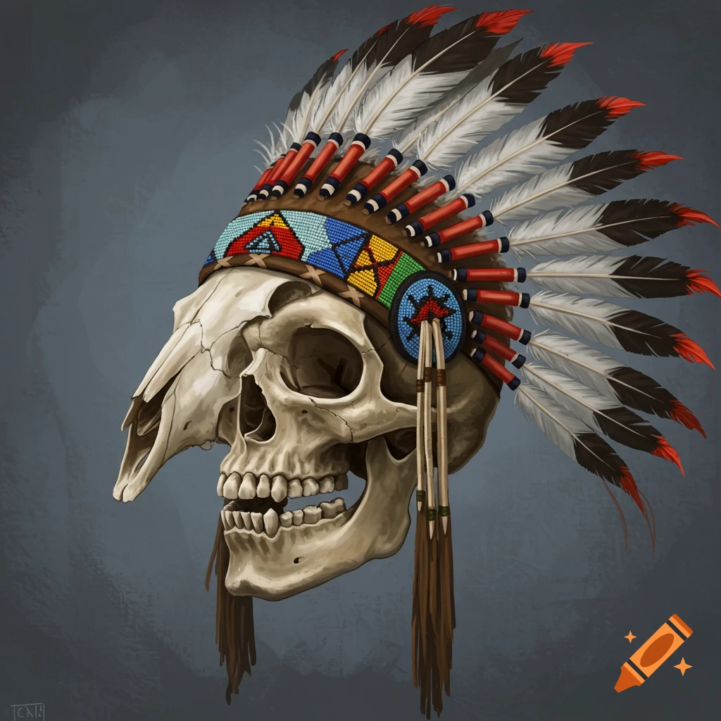 A realistic illustration of a skull wearing a colorful, beaded Native American headdress with white, black, and red feathers.