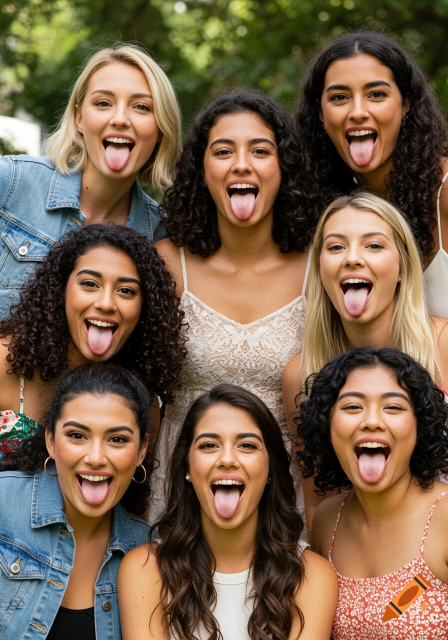Seven young women sticking out their tongues, smiling playfully for a portrait photo outdoors.
