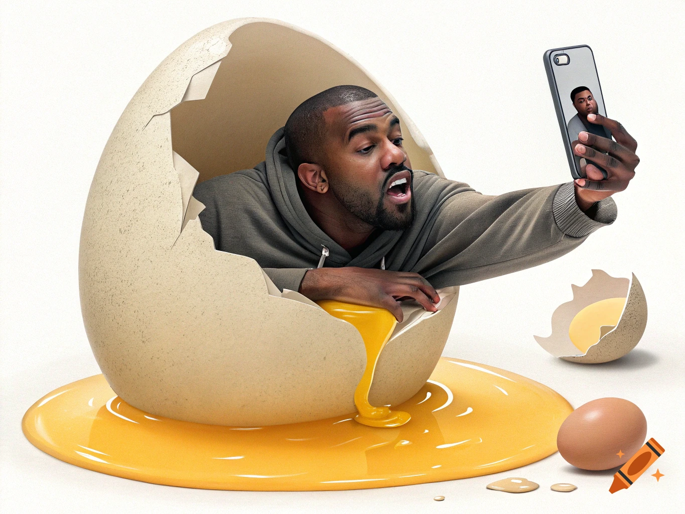 Kanye West emerges from a giant cracked egg, covered in yolk, taking a selfie with his phone in a photorealistic style.