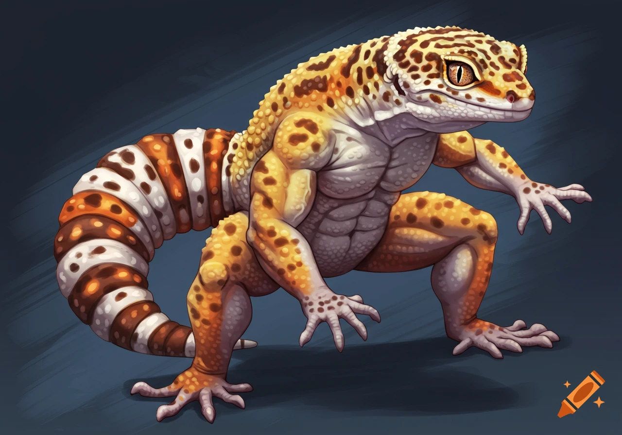 A highly detailed digital painting of a muscular leopard gecko in a squatting pose, on a dark background.