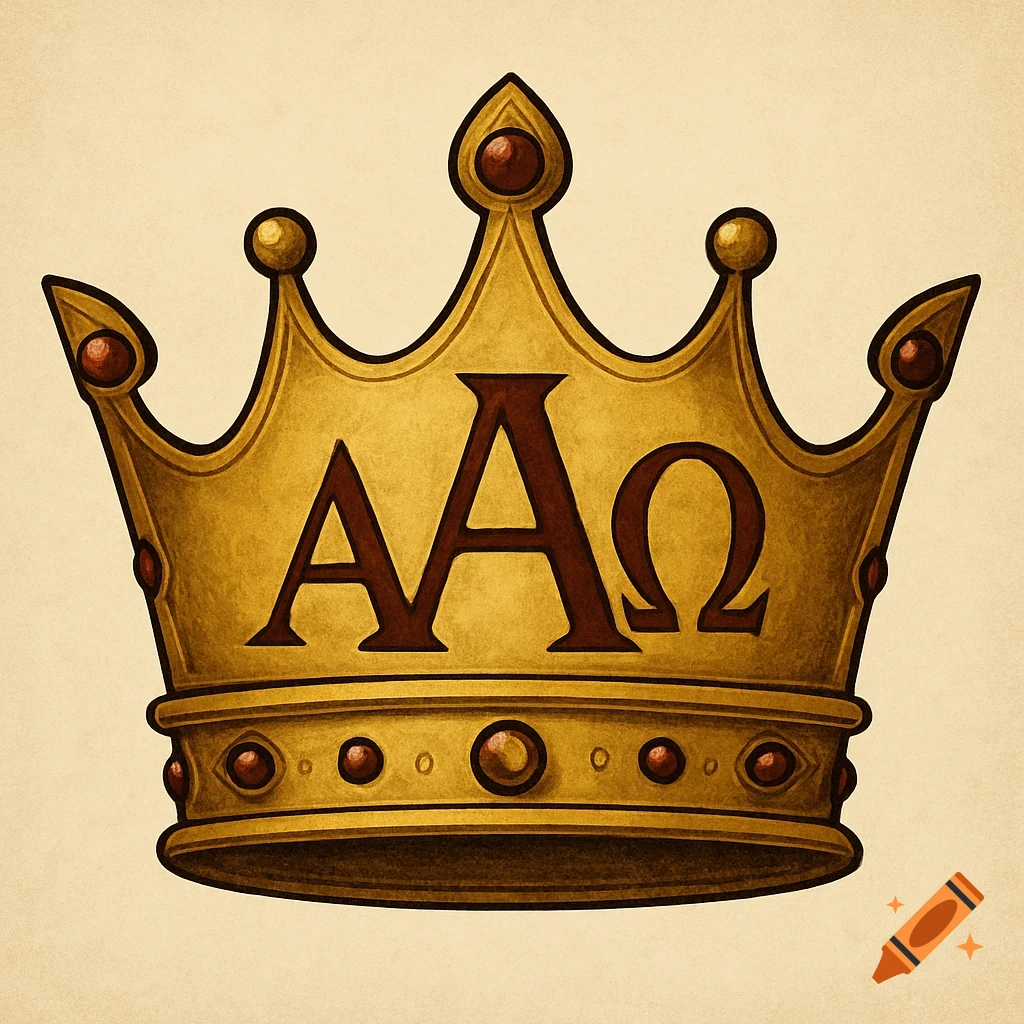 A golden crown adorned with a stylized Alpha Alpha Omega (AA) Greek letter logo in the center, set against a light background.