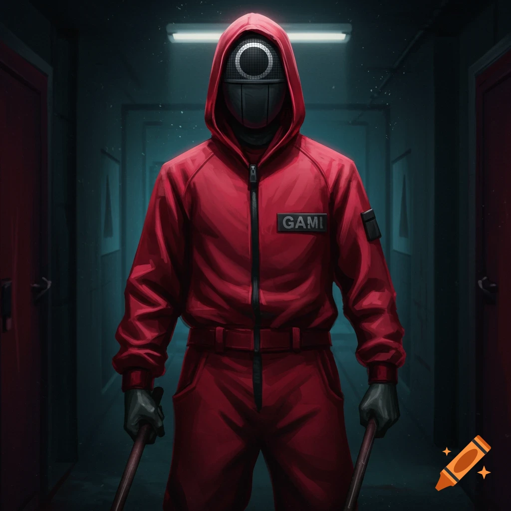 A Squid Game guard in a red jumpsuit and masked face holds two sticks in a dark hallway, digital art.