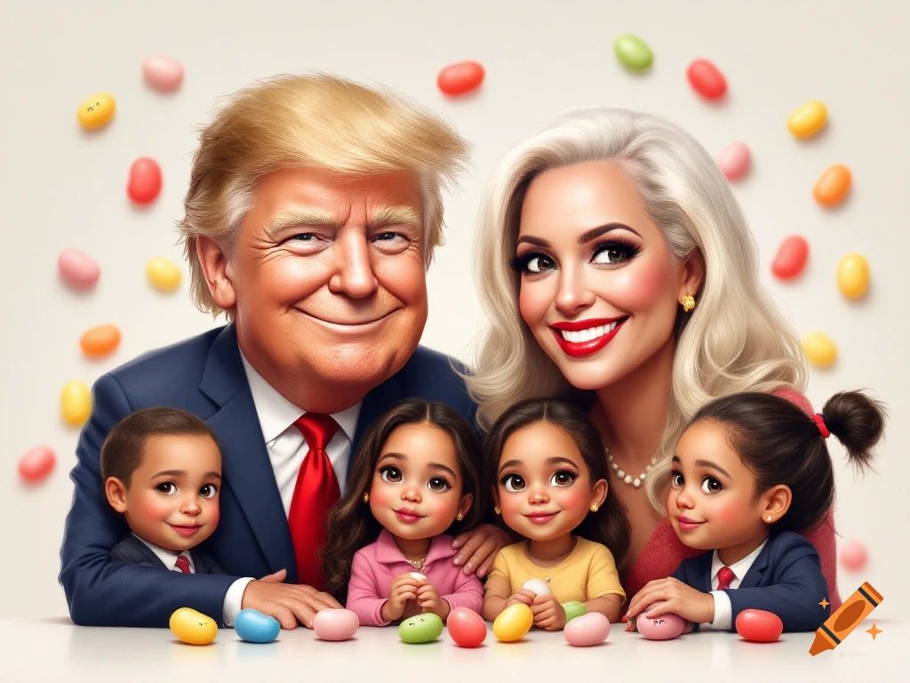 A smiling cartoon Donald Trump and a woman with white hair pose with four small, smiling children at a table with colorful jelly beans. The background is white with scattered jelly beans.