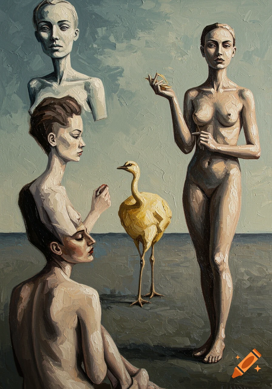 Surrealist oil painting of nude female figures and a yellow bird against a muted background.