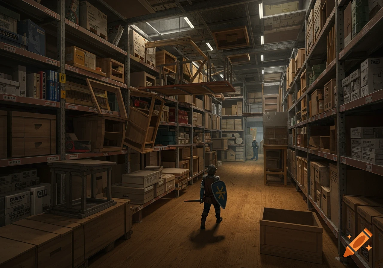 A knight in armor holding a shield and sword stands in a cluttered, dimly lit warehouse filled with shelves of boxes, resembling a dungeon.