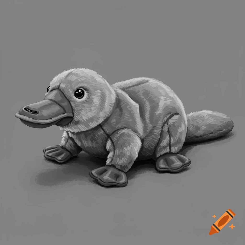 A grayscale image of a plush platypus toy with a large bill and webbed feet, sitting on a flat surface.