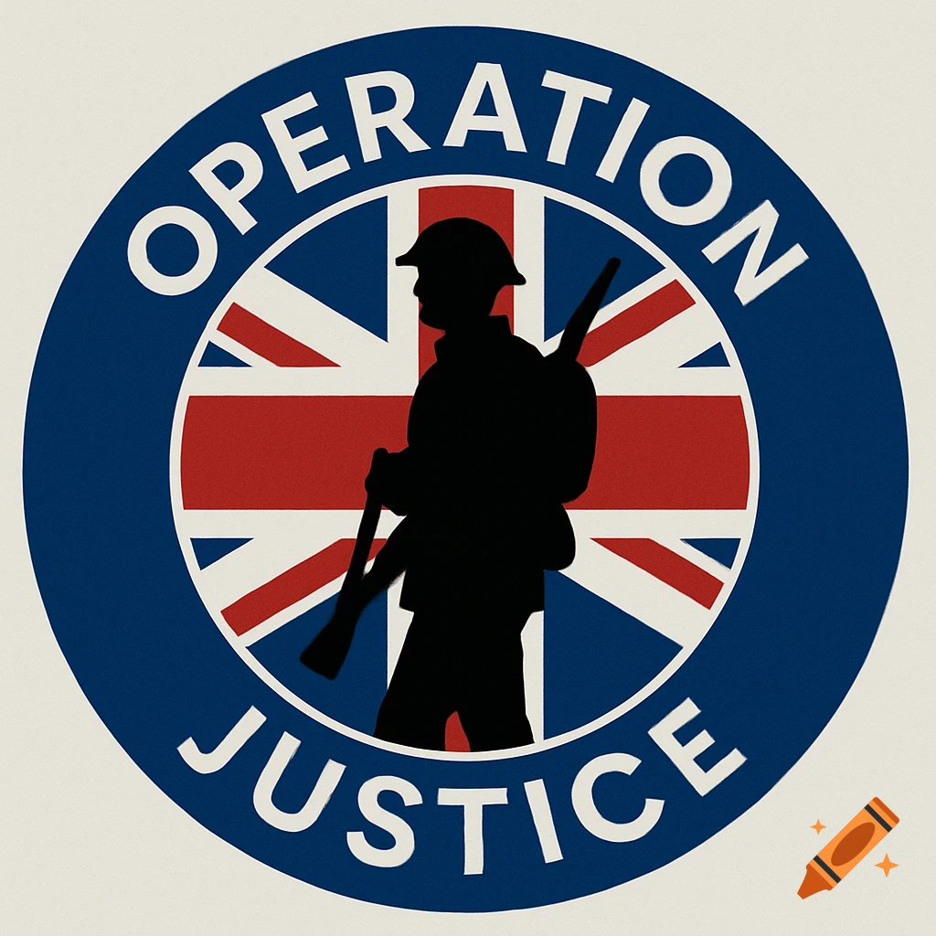 Roundel logo featuring a Union Jack flag as a background for a black silhouette of a British soldier, with "OPERATION JUSTICE" in white text around the blue border.