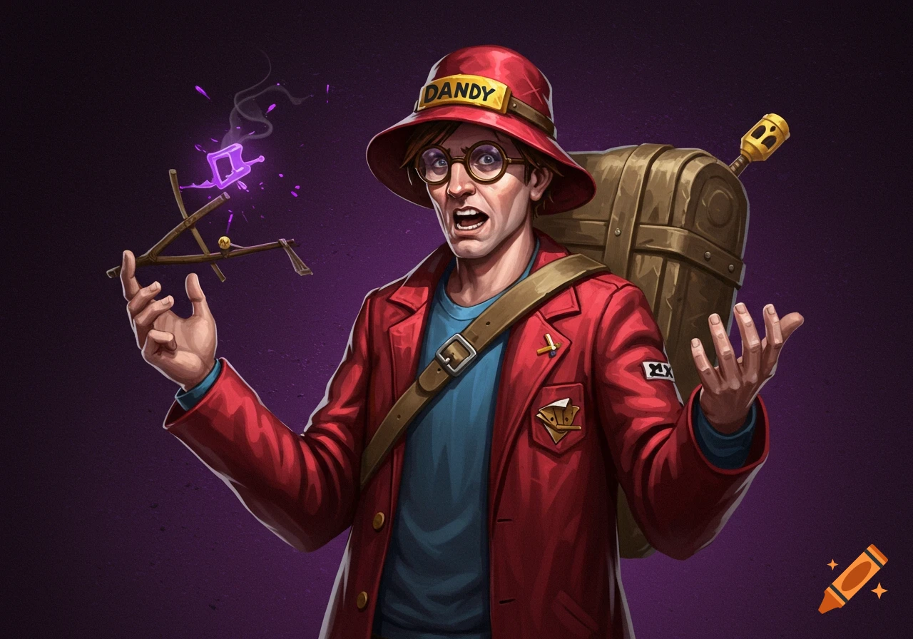 A digital illustration of a surprised man in a red coat and DANDY hat, holding a glowing magical stick.