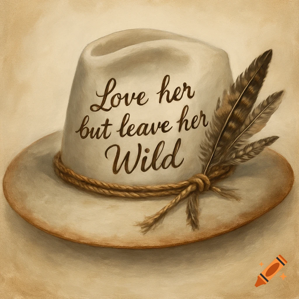 A close-up illustration of a light-colored cowboy hat with a rope band and feathers, inscribed with "Love her but leave her Wild."