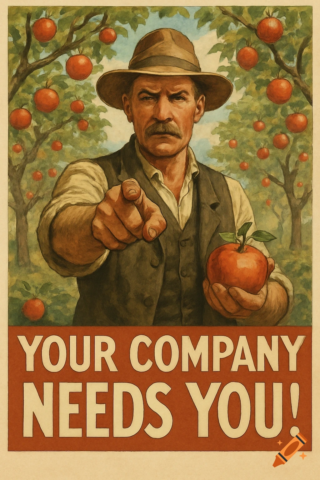 A vintage propaganda poster of a stern-faced farmer in a hat pointing forward, holding an apple, with text 'YOUR COMPANY NEEDS YOU!' at the bottom.