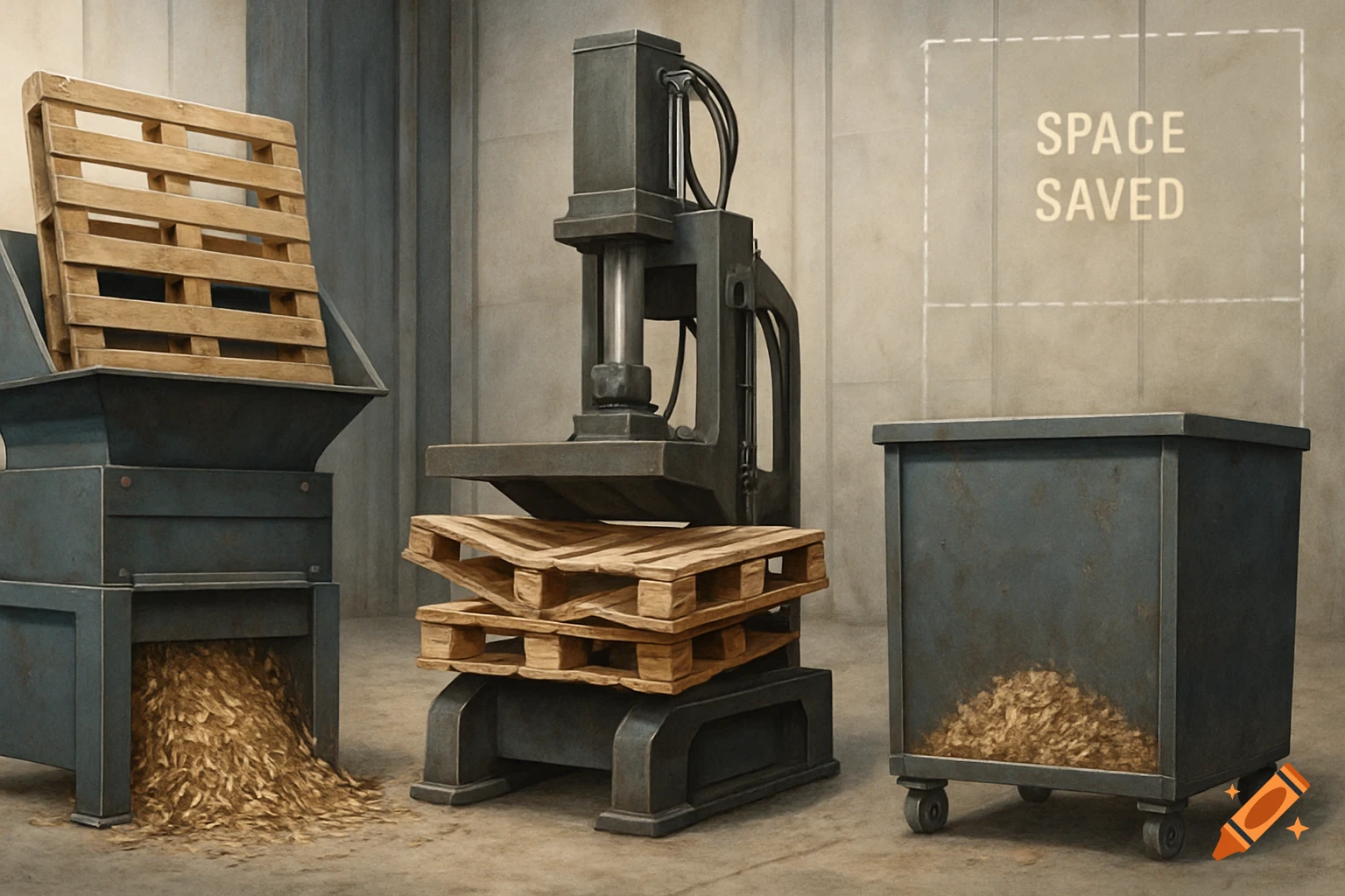 Photorealistic image of industrial machinery shredding and crushing wooden pallets in a warehouse, with wood chips collected in a bin and 'SPACE SAVED' text on the wall.