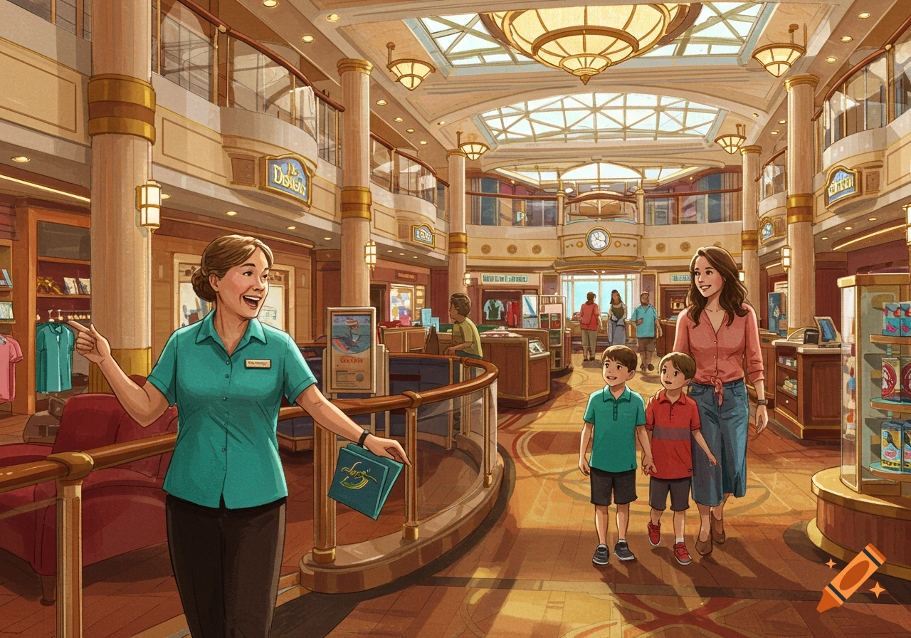 An illustration of a bustling multi-level shopping area, with a smiling employee in a teal shirt pointing and a mother with two children walking.