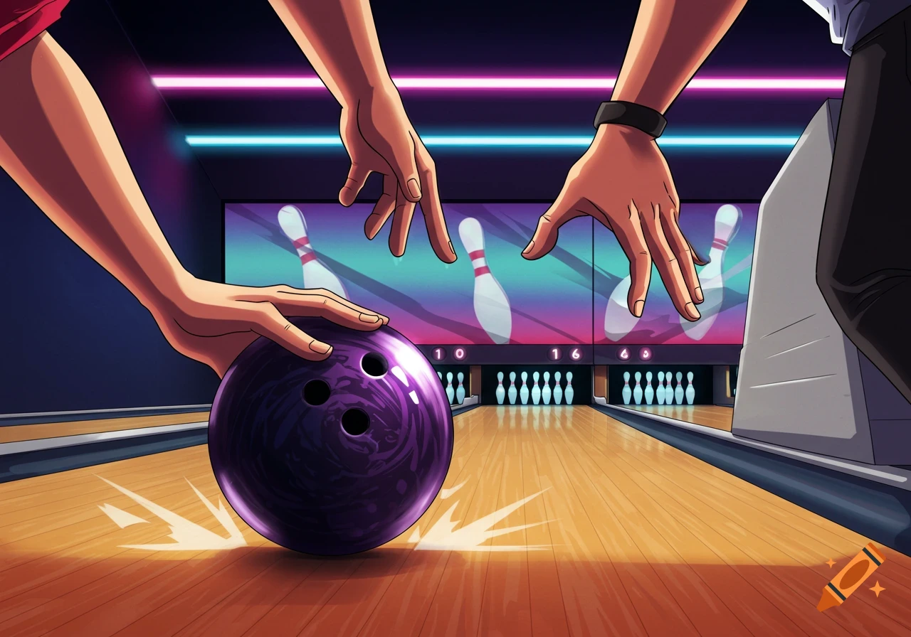 Anime style close-up of hands releasing a purple bowling ball down a lane towards pins.