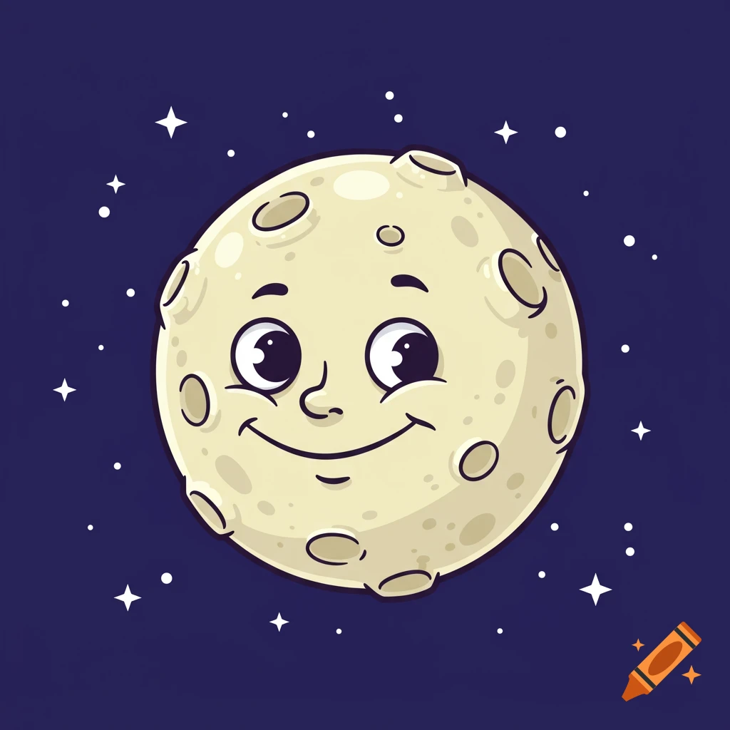 A friendly cartoon moon with a smiling face in a starry night sky.