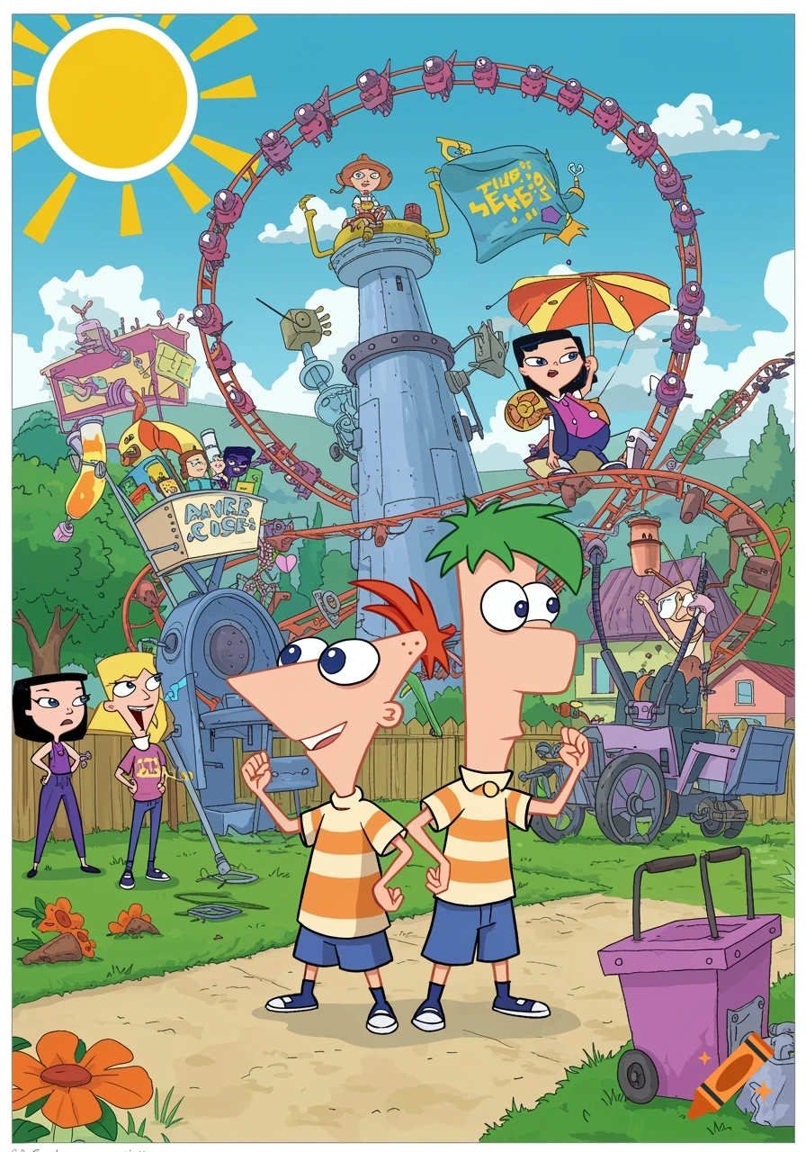 Phineas and Ferb stand in a backyard with a large, elaborate cartoon contraption and other characters from the show.