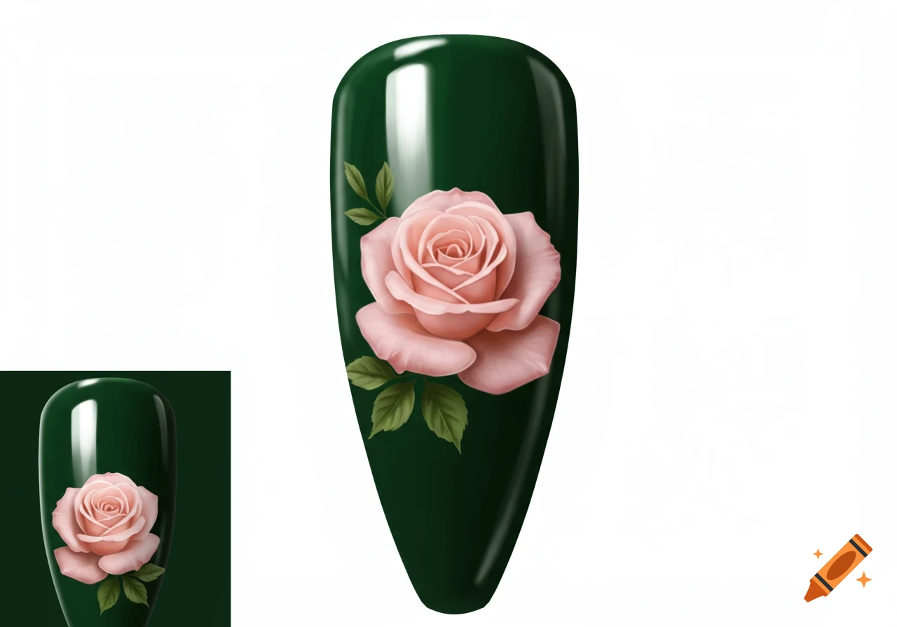 A dark green acrylic nail with a pink rose and green leaves painted on it.
