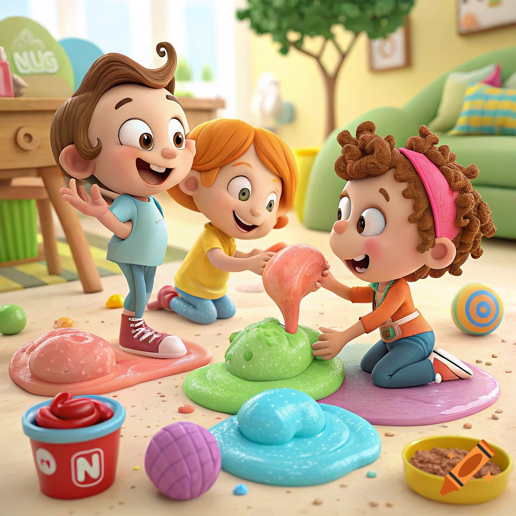 Cartoon children happily play with colorful slime on the floor of a bright, stylized room.