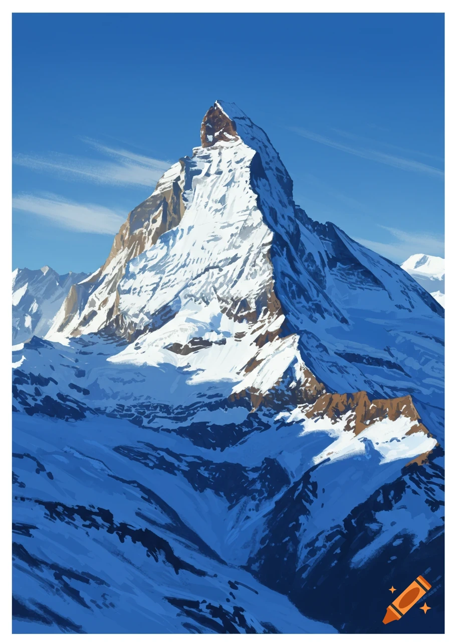 A detailed painting of a majestic snow-covered mountain under a bright blue sky.