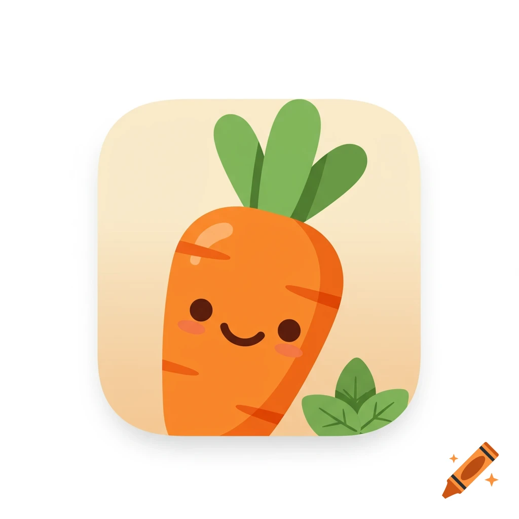 A cute, smiling cartoon carrot app icon on a light cream background.
