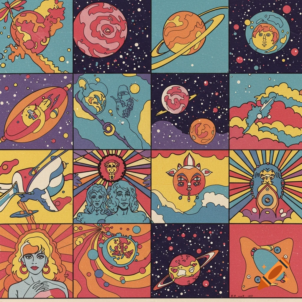A grid of 16 psychedelic pop art panels with bold outlines and flat colors, featuring surreal cosmic elements, planets, and stylized figures.
