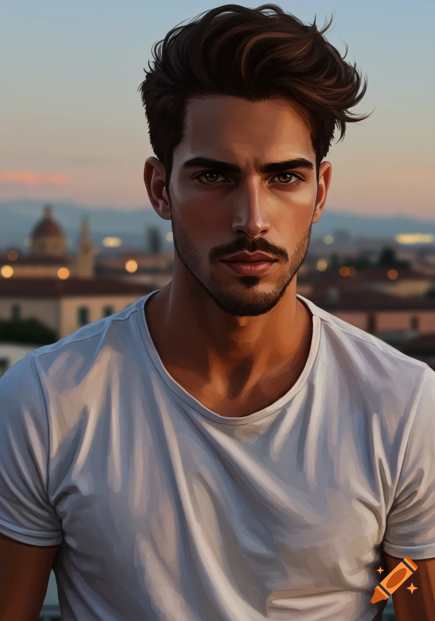 Digital painting of a handsome young man with dark hair and beard against a city skyline at sunset.