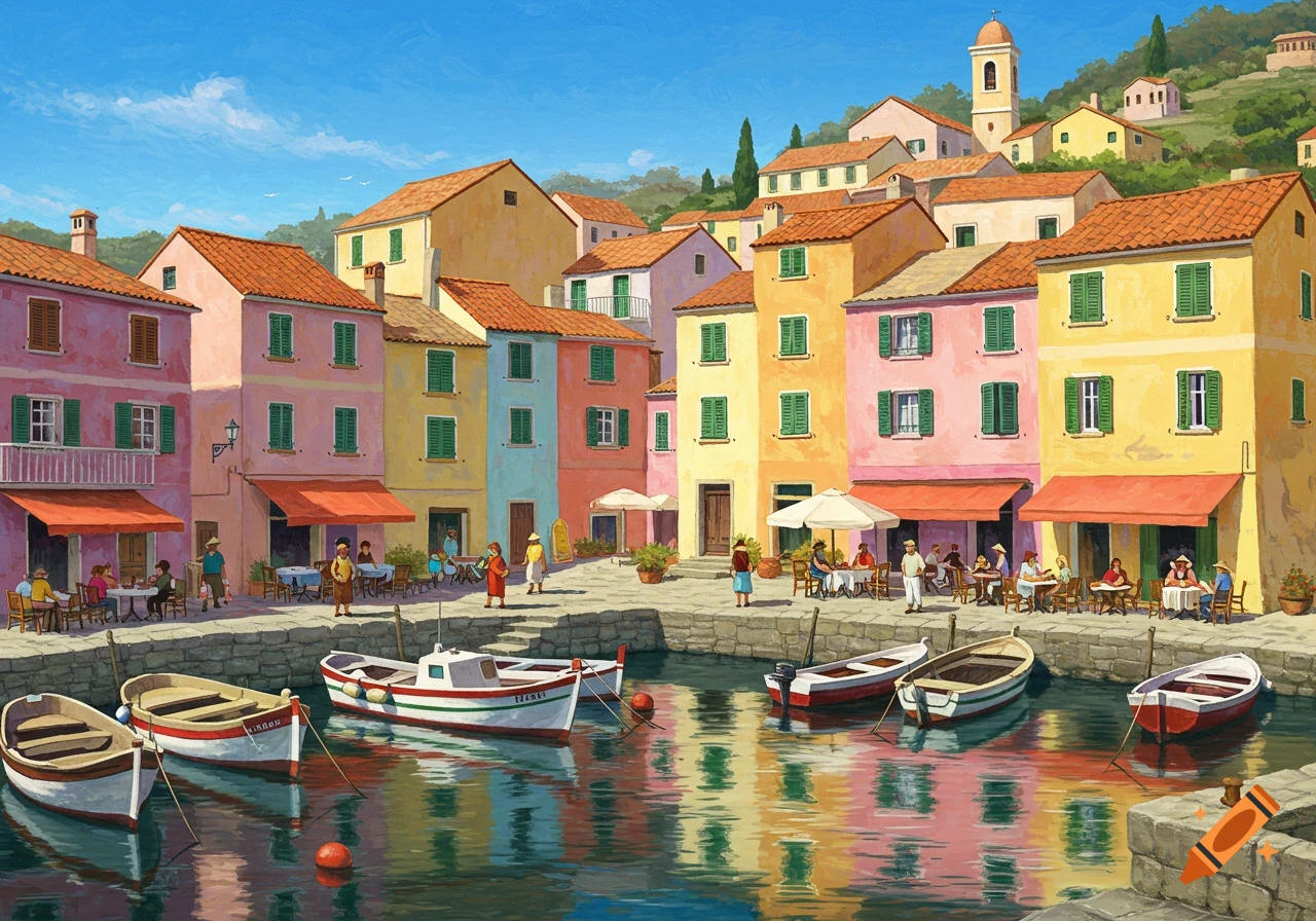 A vibrant, colorful seaside village with multi-colored buildings, people at outdoor cafes, and boats docked in the harbor under a clear blue sky.