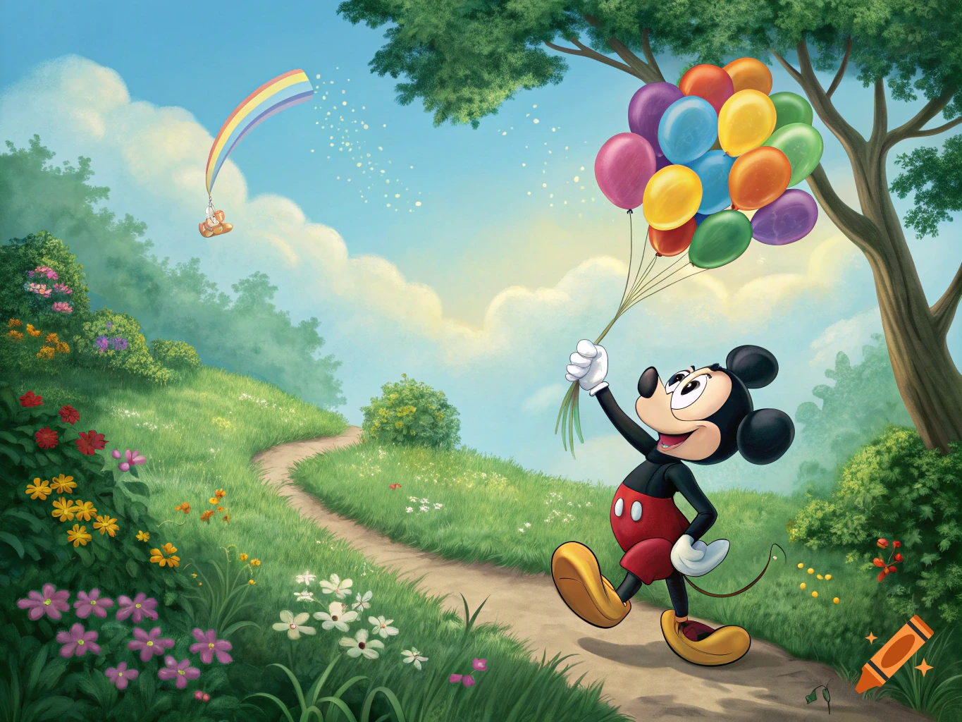 Mickey Mouse walks on a grassy path, holding colorful balloons, under a blue sky with a rainbow.
