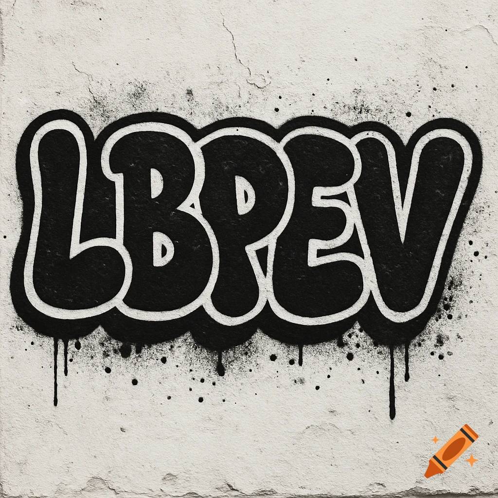 Black bubble letter graffiti of 'LBPEV' on a textured white wall.