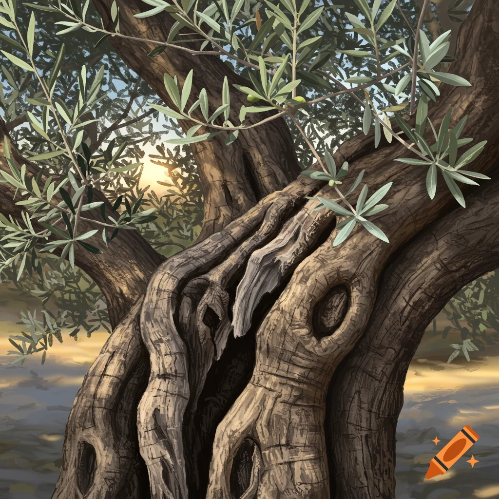 Close-up of an old olive tree with gnarled trunk and green leaves, sunlight dappling through the branches.
