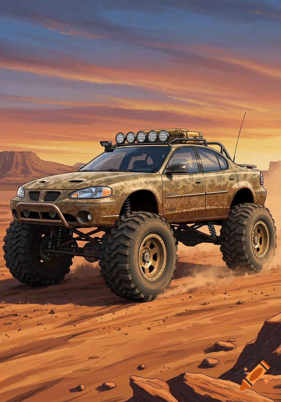 Illustration of a modified Pontiac Grand Prix off-road vehicle with large tires in a desert landscape at sunset.