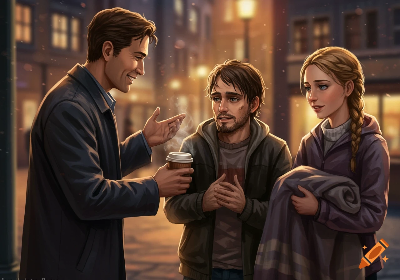 A man gives coffee to a bearded homeless man as a woman holds a blanket on a cozy street at dusk, digital art.