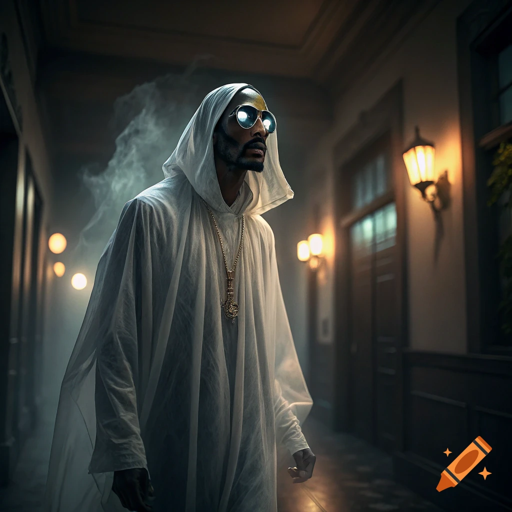 Snoop Dogg in a white hooded robe and sunglasses stands in a smoky, dimly lit hallway with glowing wall lamps.