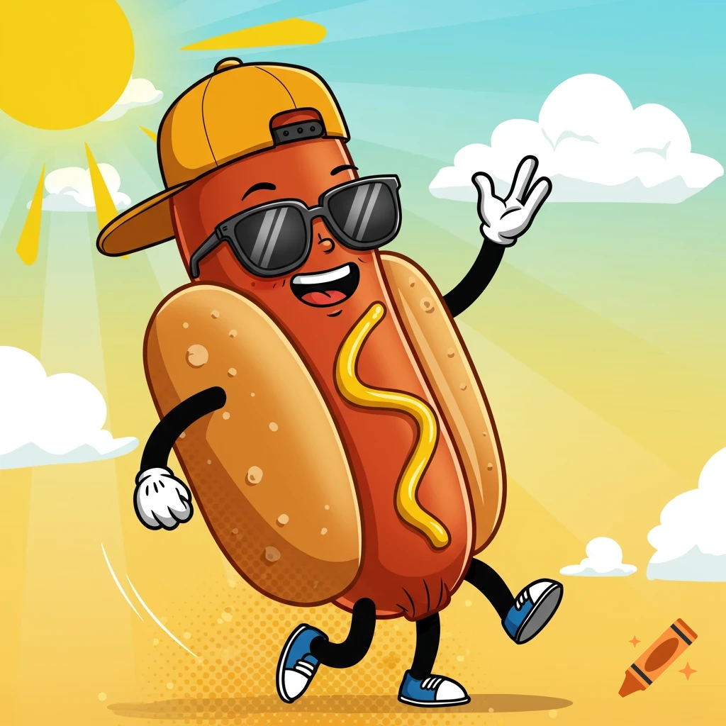 A cheerful cartoon hot dog character wearing sunglasses and a backward baseball cap, waving and walking under a sunny blue sky.