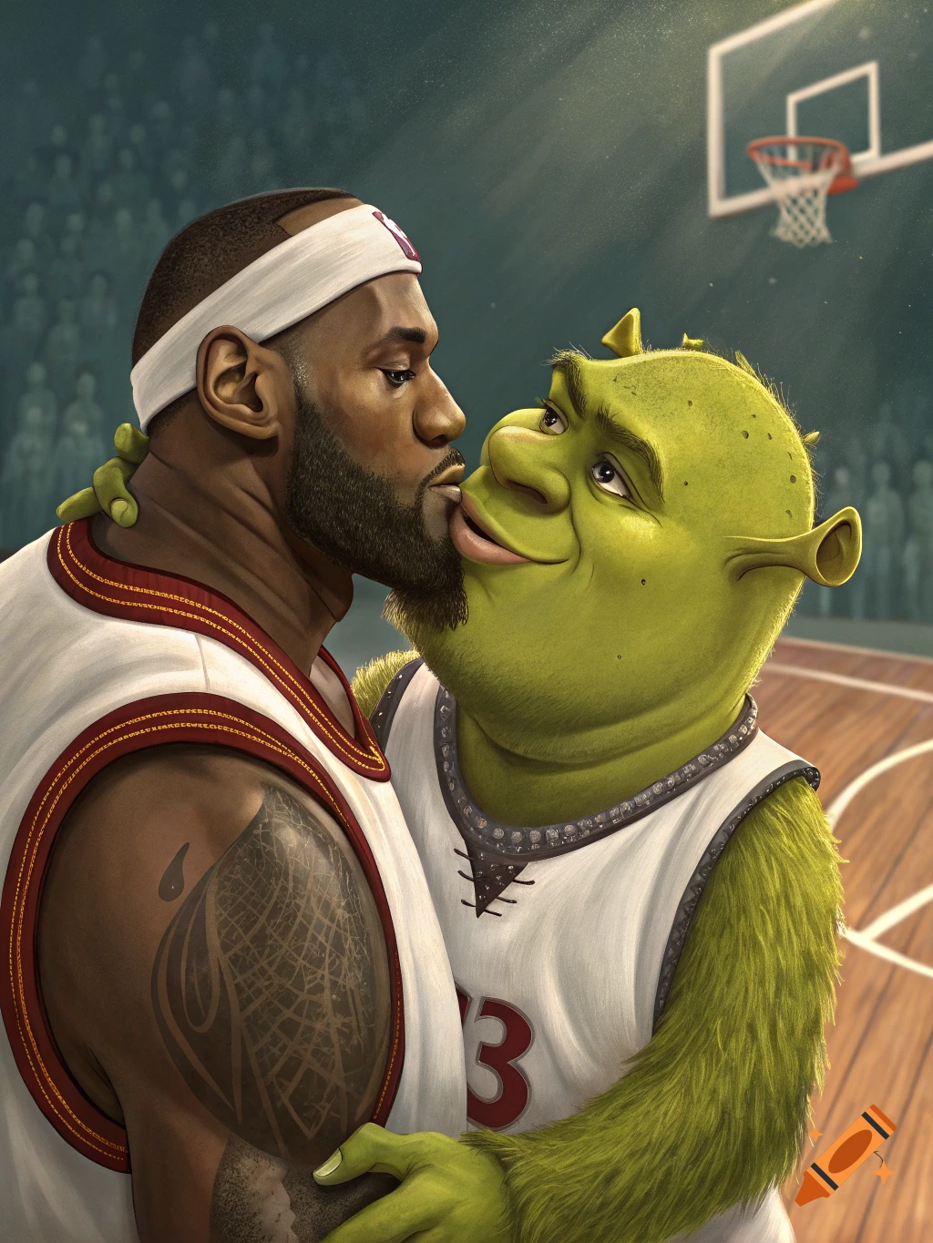 Illustrative painting of LeBron James and Shrek kissing on a basketball court.