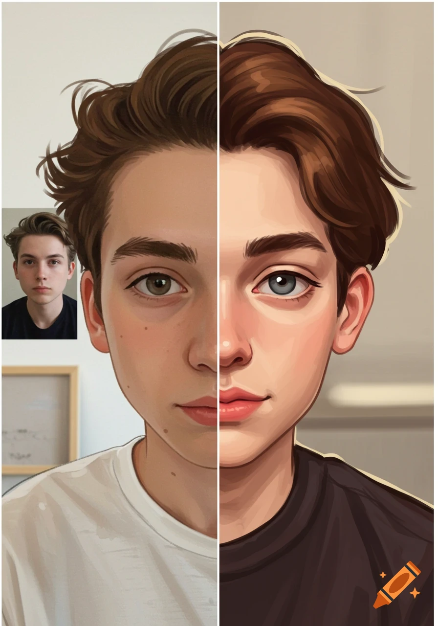 A split image showing a young man's photorealistic portrait