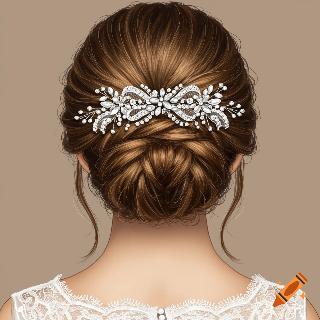 Back view of a woman with a brown updo, adorned with a sparkling, ornate bridal hairpiece and wearing a white lace dress.
