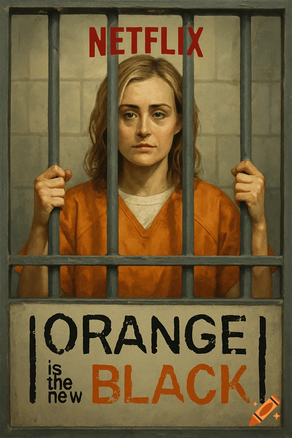 A woman with blonde hair in an orange prison uniform stands behind gray jail bars. Above her is 'NETFLIX' in red, and below is 'ORANGE is the new BLACK'. The image has a painted quality.