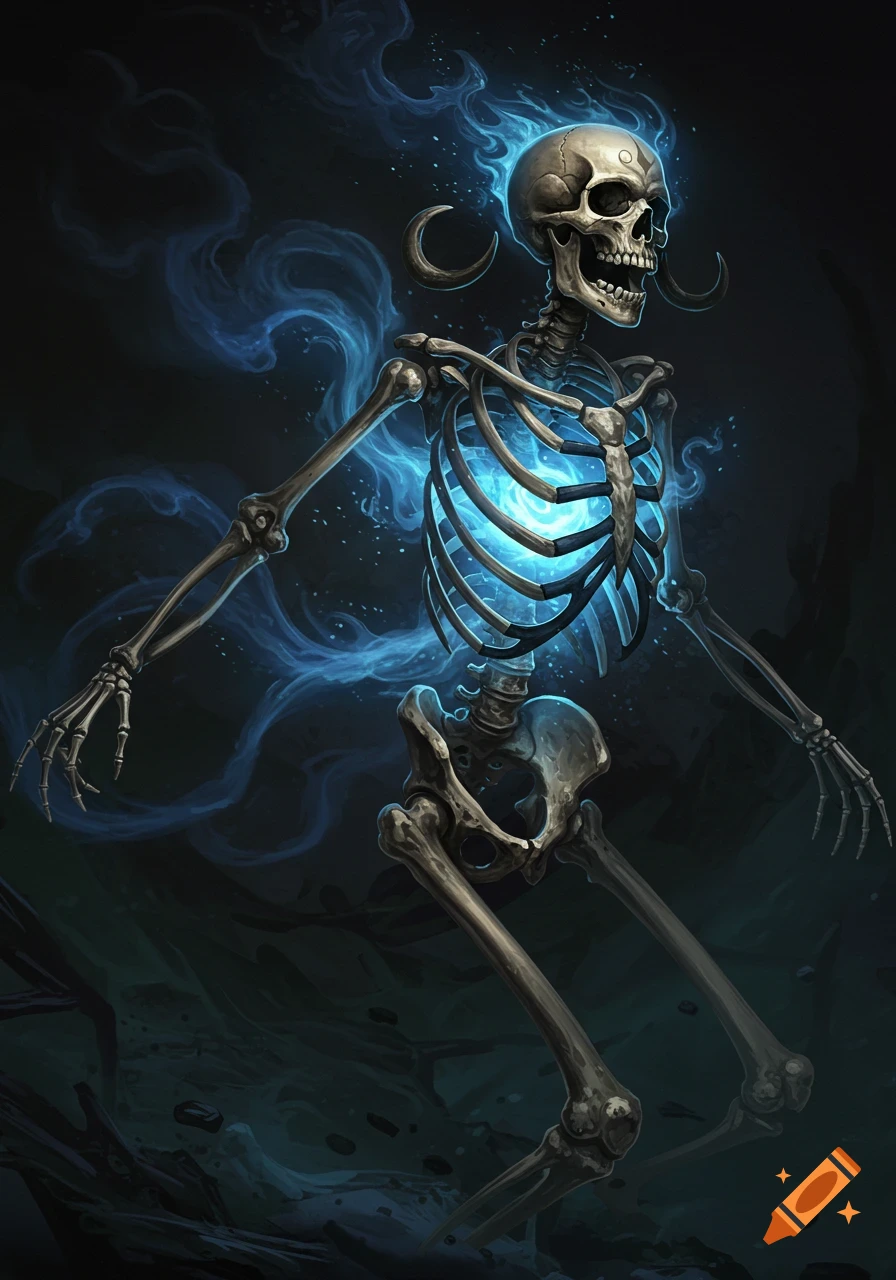 A skeleton with a glowing blue core and ethereal blue flames around its head and body, standing against a dark, shadowy background in a fantasy art style.