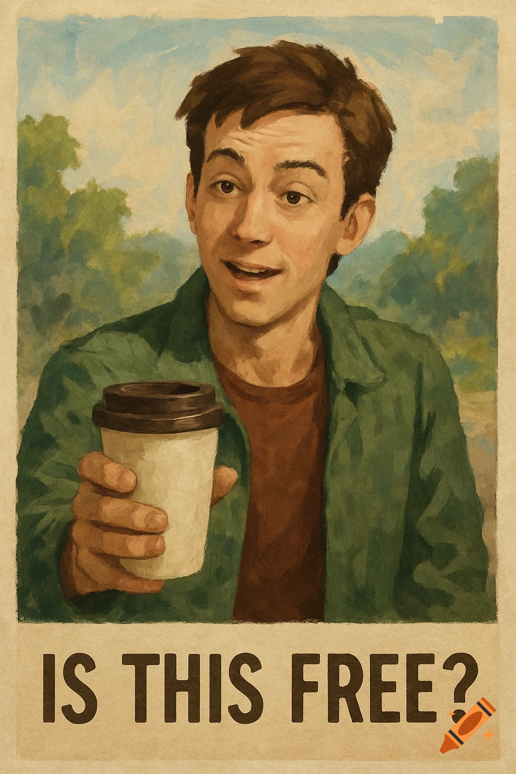 An illustrated man holds a coffee cup, asking 'IS THIS FREE?' in a painted poster style.