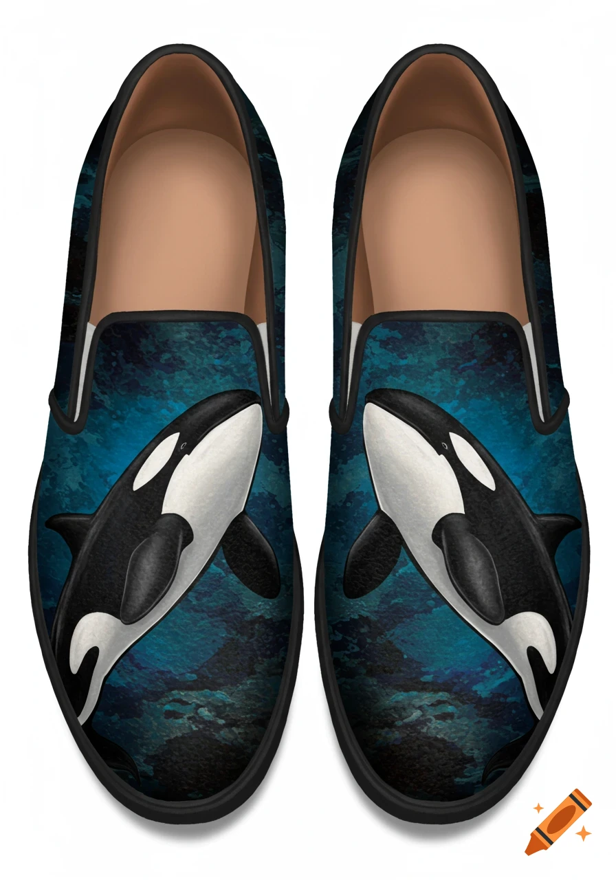 A pair of black slip-on shoes featuring a design of orcas against a deep blue, textured background.
