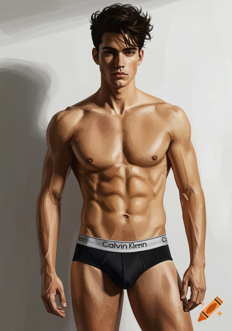 A muscular man with dark hair poses shirtless in black briefs, showcasing his physique in a digitally painted style.