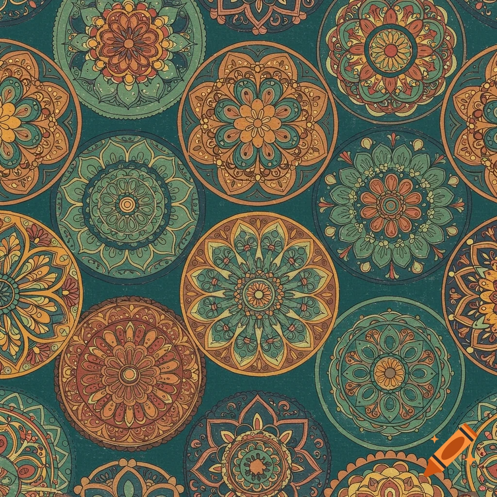 A seamless repeating pattern of circular mandala designs in teal, orange, and green on a dark teal background with a subtle fabric texture.
