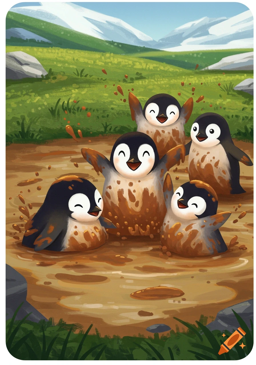 Cartoon penguins happily splashing and playing in a muddy puddle in a green field with distant mountains.