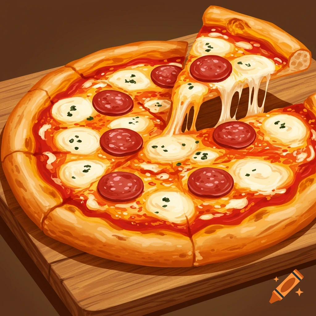 An illustrated pizza with pepperoni and mozzarella, with a slice being pulled up showing stretchy cheese, on a wooden board.
