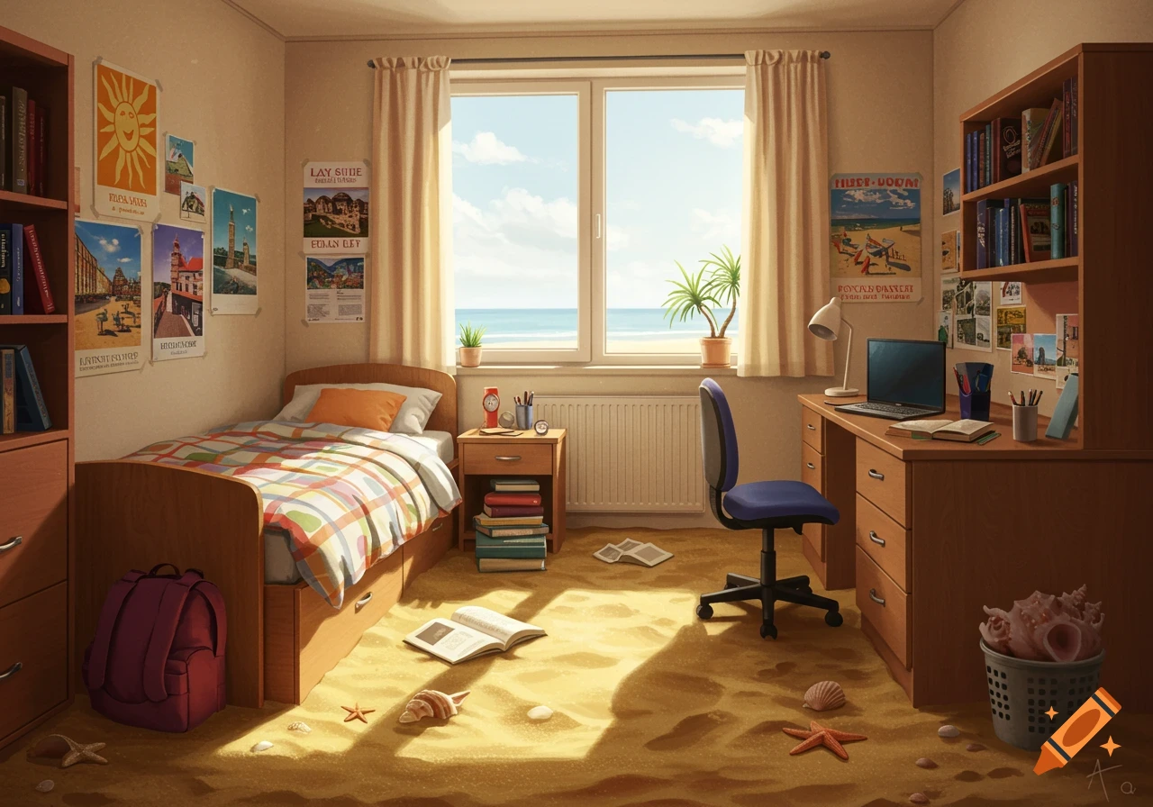 A student's bedroom with a bed, desk, and bookshelf, featuring sand on the floor like a beach and a large window overlooking the ocean.