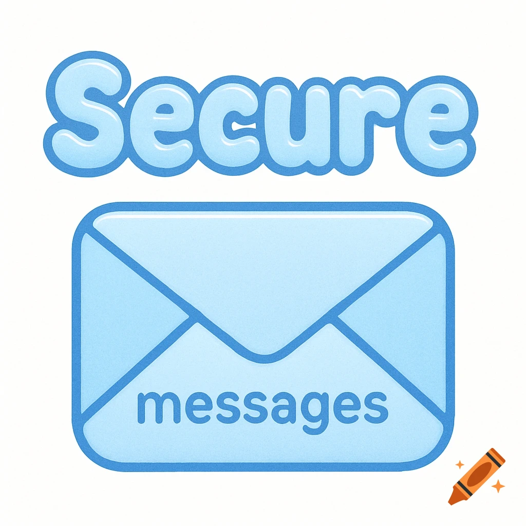 Light blue bubbly word 'Secure' above a light blue envelope with the word 'messages' on it, in an app logo style.