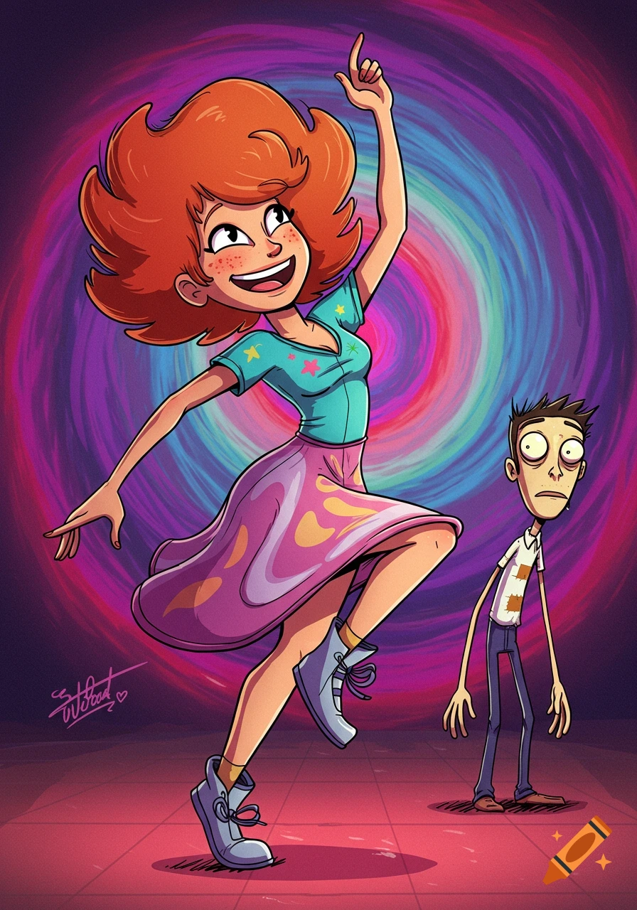 A vibrant cartoon illustration of a red-headed girl dancing joyfully with an outstretched arm, while a tall, skinny, awkward boy stands behind her. The background features colorful swirling patterns.