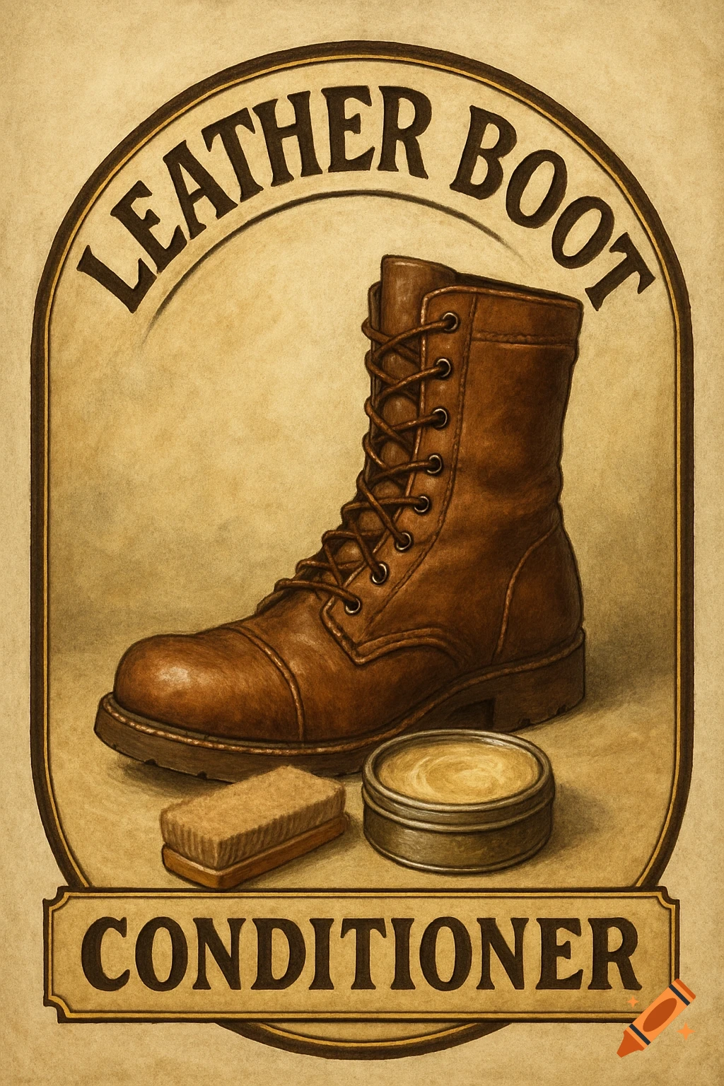 A vintage-style label for leather boot conditioner, featuring a brown boot, brush, and tin.