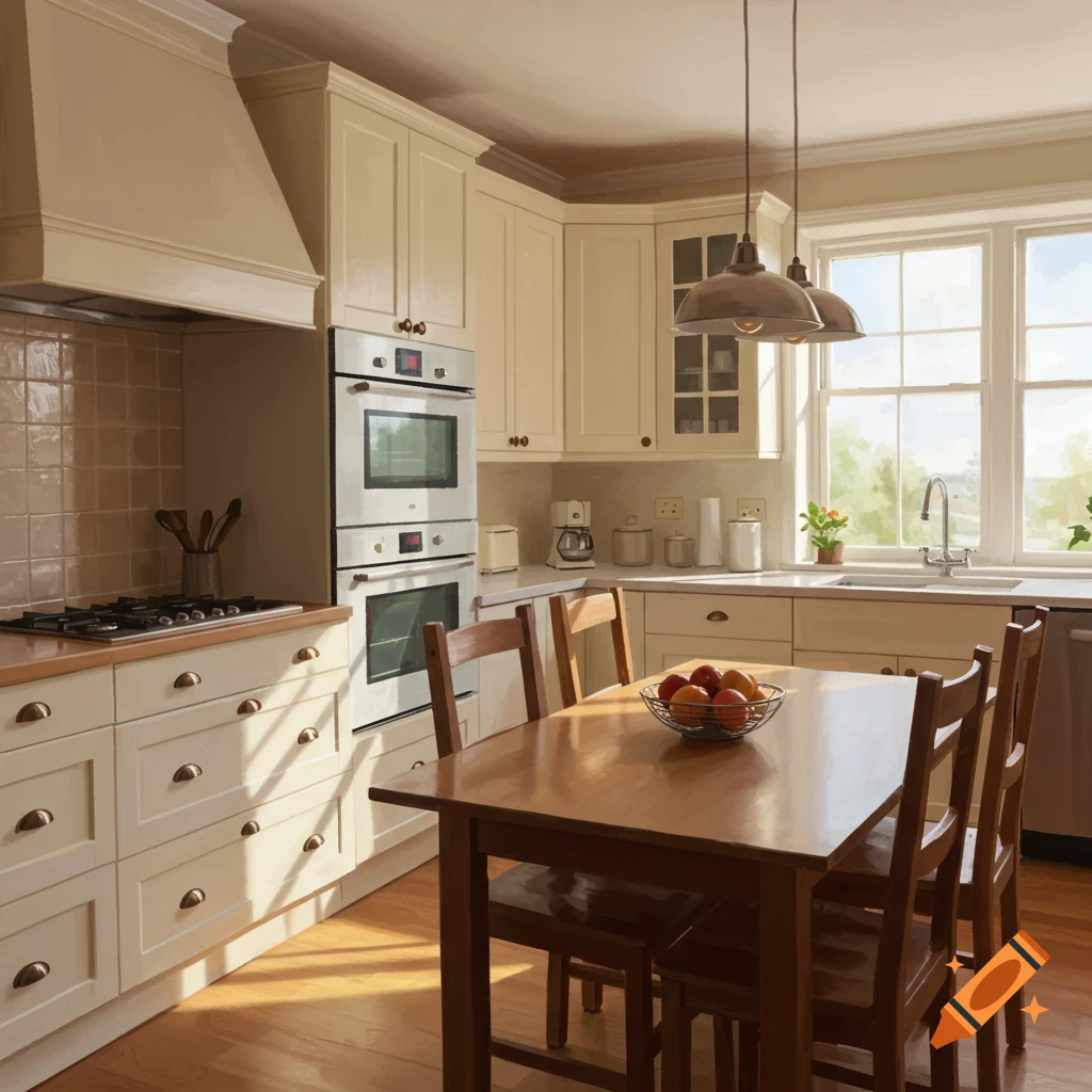 A bright and warm traditional kitchen with light-colored cabinets, a wooden dining table, and large windows.