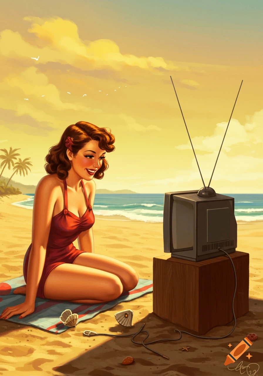 A retro pin-up style illustration of a woman in a red swimsuit watching a vintage TV on a sunny beach.